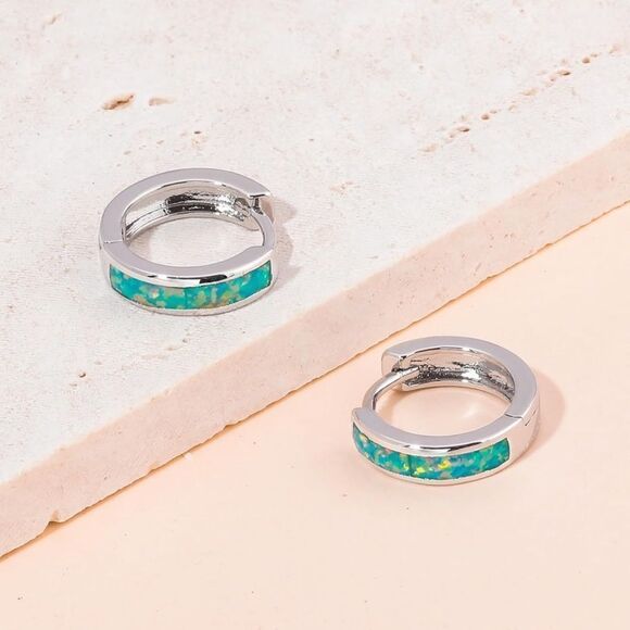 14K White Gold with Genuine Green Fire Opal Huggie Hoop Snap Hinge Earrings - Picture 3 of 5